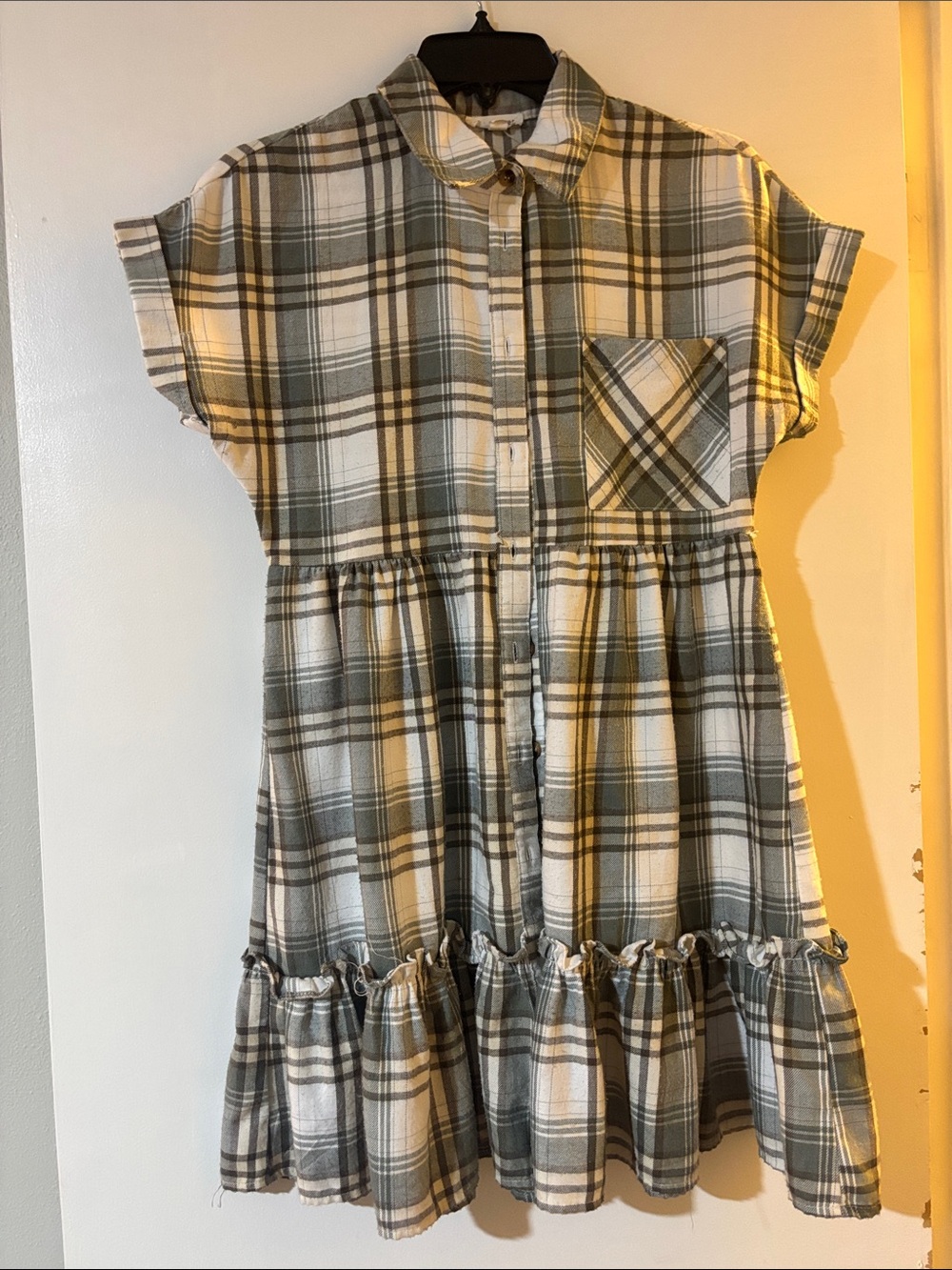 Blu Pepper Plaid Button-Front Dress in Olive Green and Cream